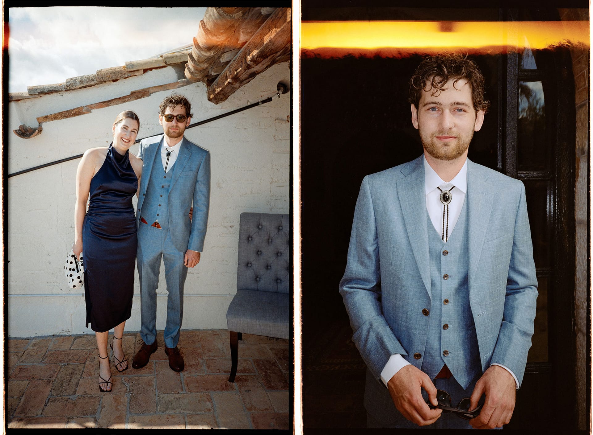 Couple in formal attire posing on a patio with a tiled roof and chair. - Analog Wedding Photographer