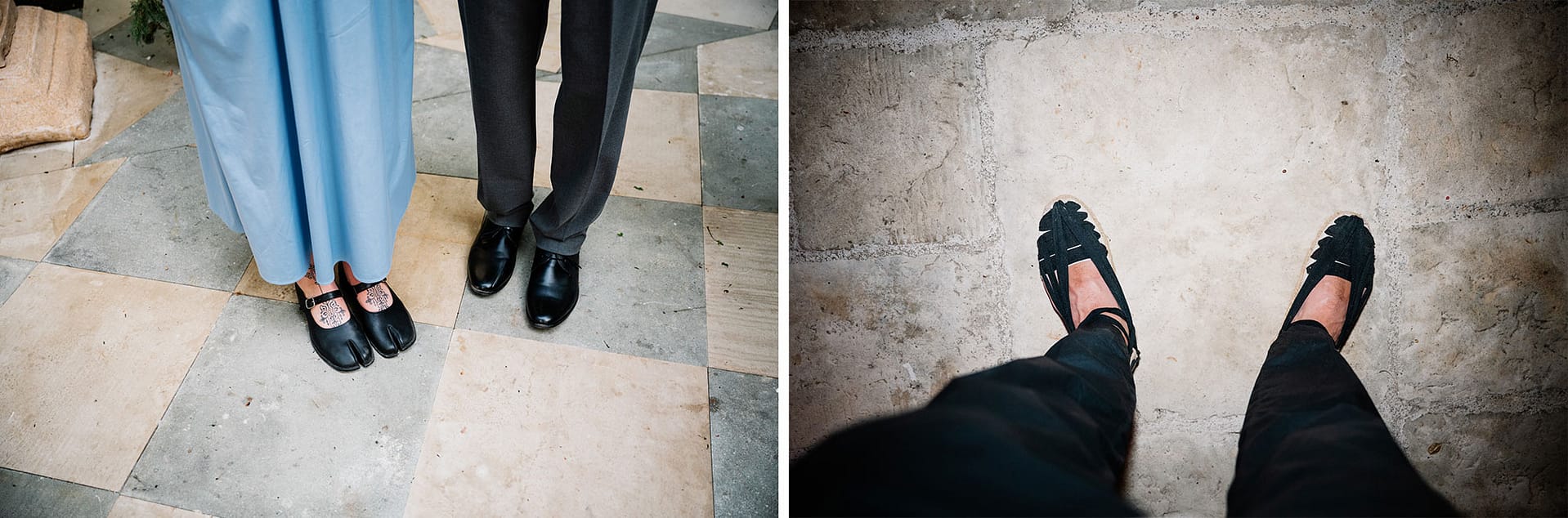 Couple's feet in stylish tabi shoes and dress shoes on tiled floor - Barcelona Wedding Photographer