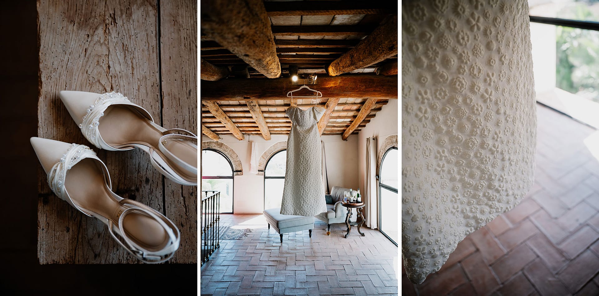 Bridal wedding dress hanging in a rustic room with shoes nearby. - Barcelona Wedding Photographer