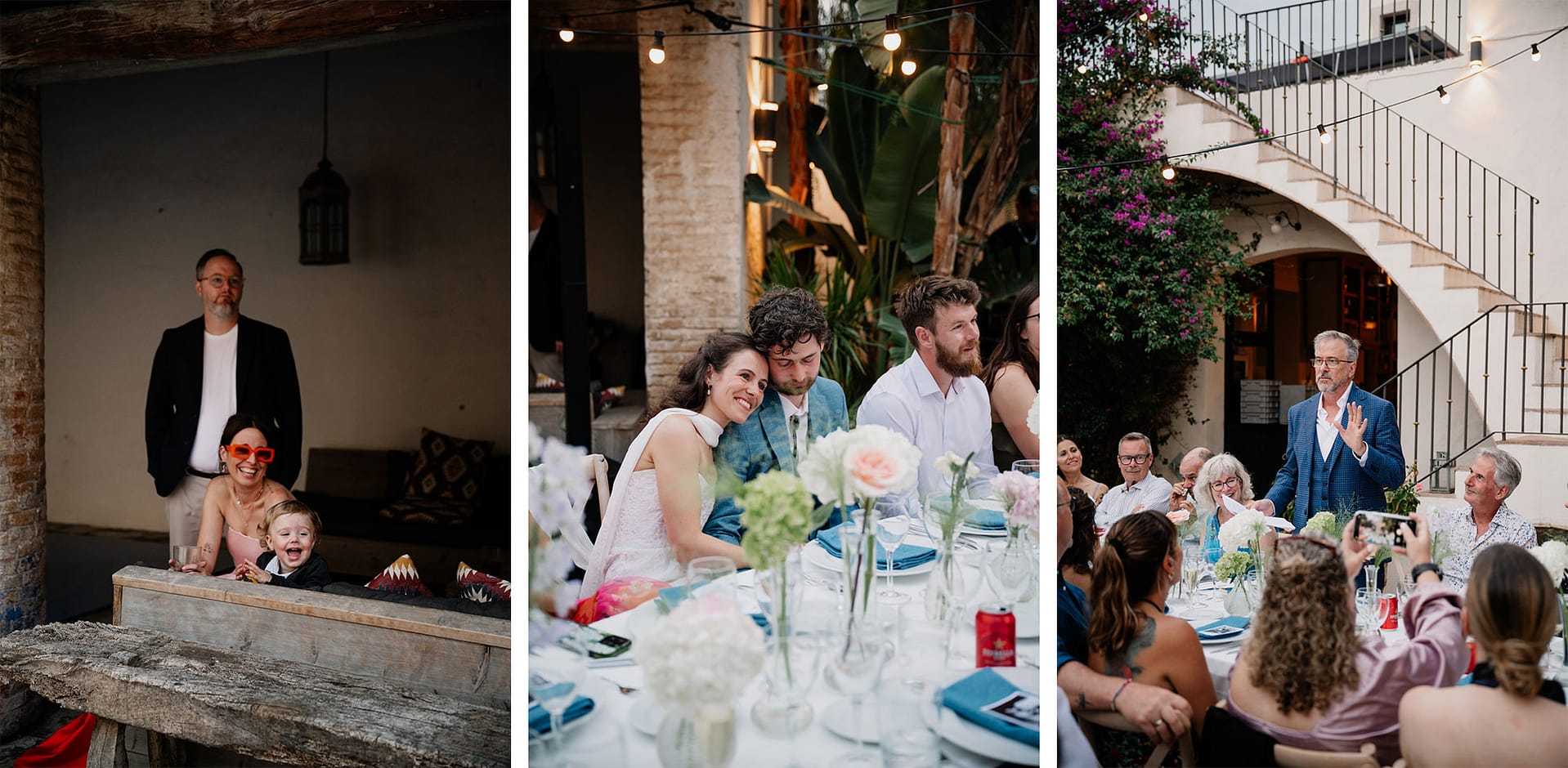 Wedding guests enjoy dinner outdoors at tables decorated with flowers. - Barcelona Wedding Photographer