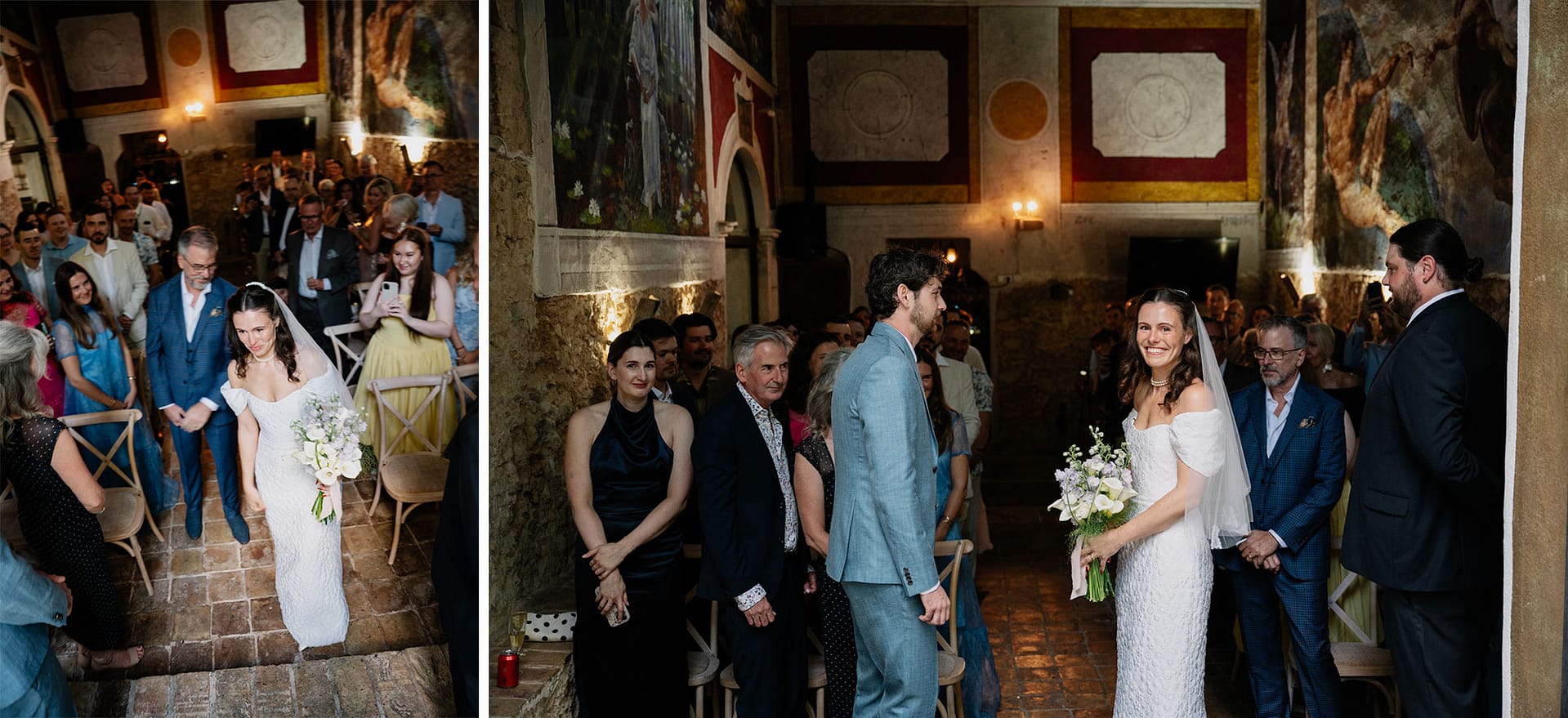 Wedding ceremony in historic Italian church with bride, groom, and guests - Barcelona Wedding Photographer