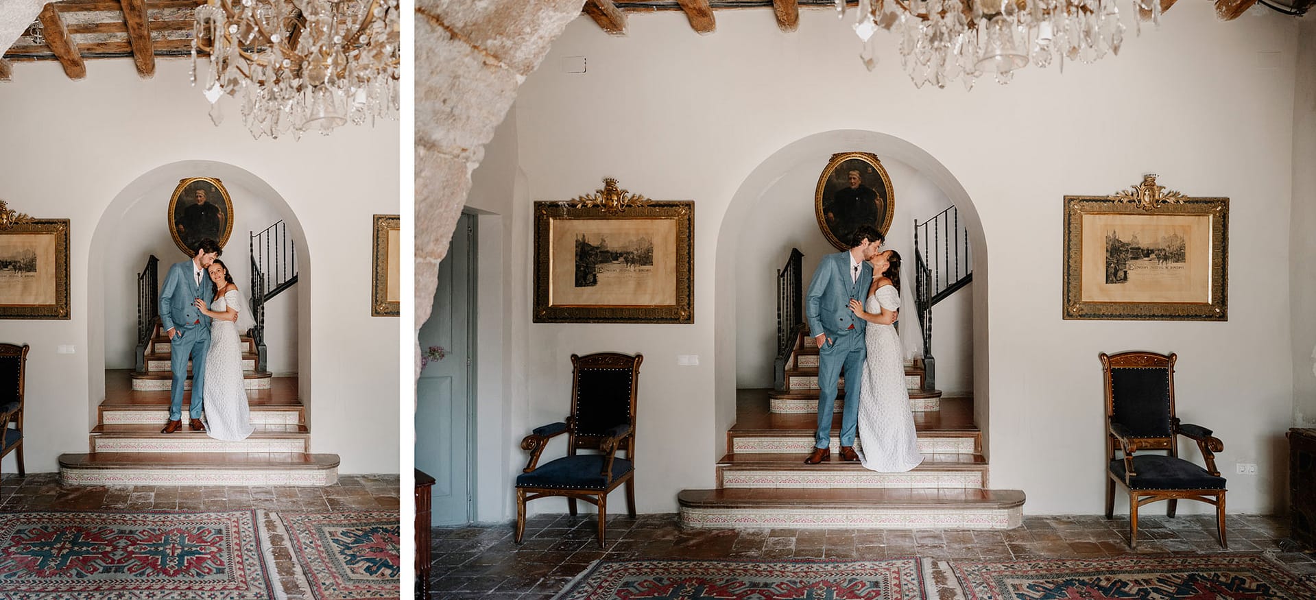Newlyweds kiss on grand staircase with antique decor - Barcelona Wedding Photographer