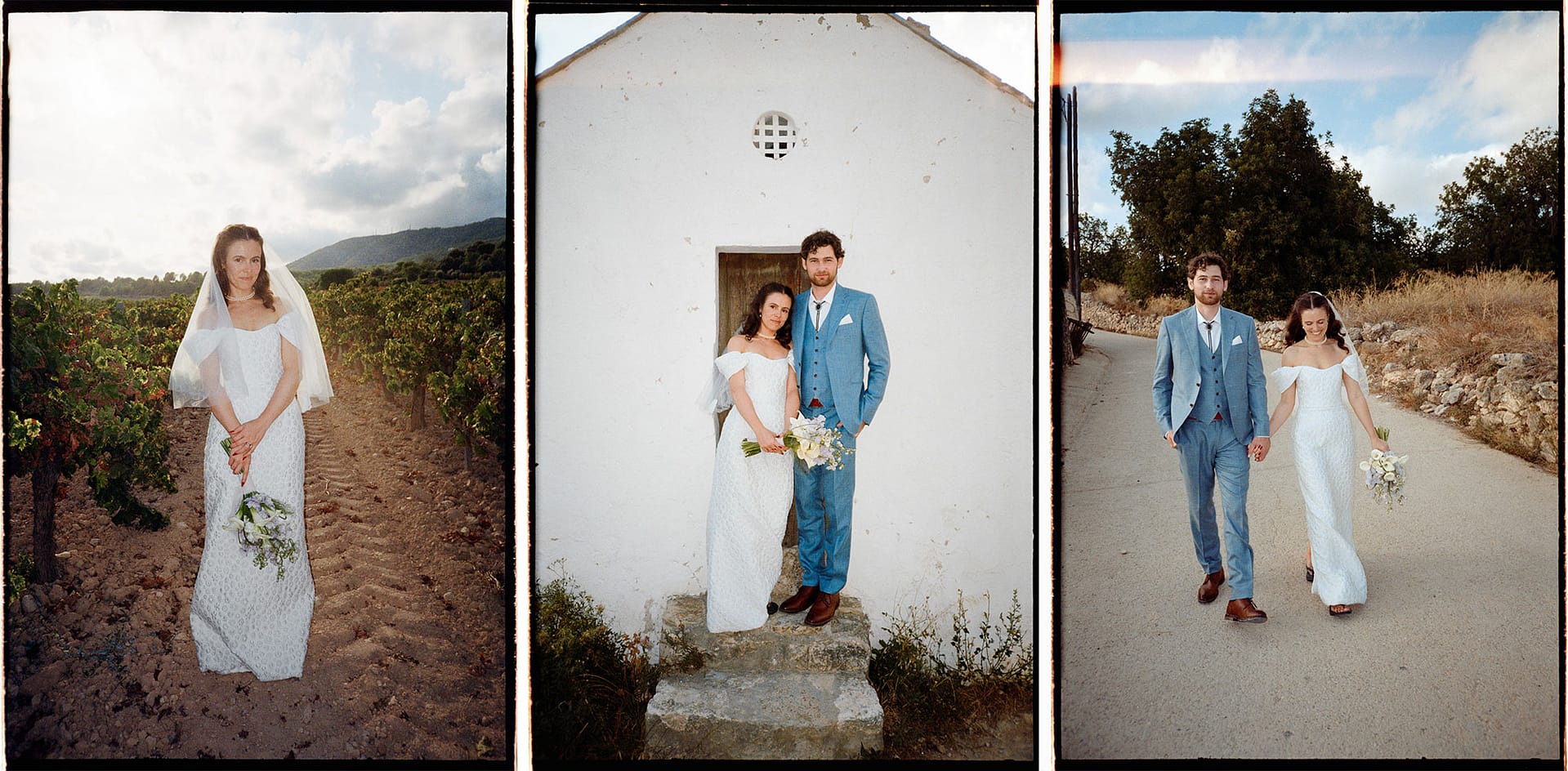 Wedding couple in blue suit and white dress walking in a rural setting. - Barcelona Film Wedding Photographer