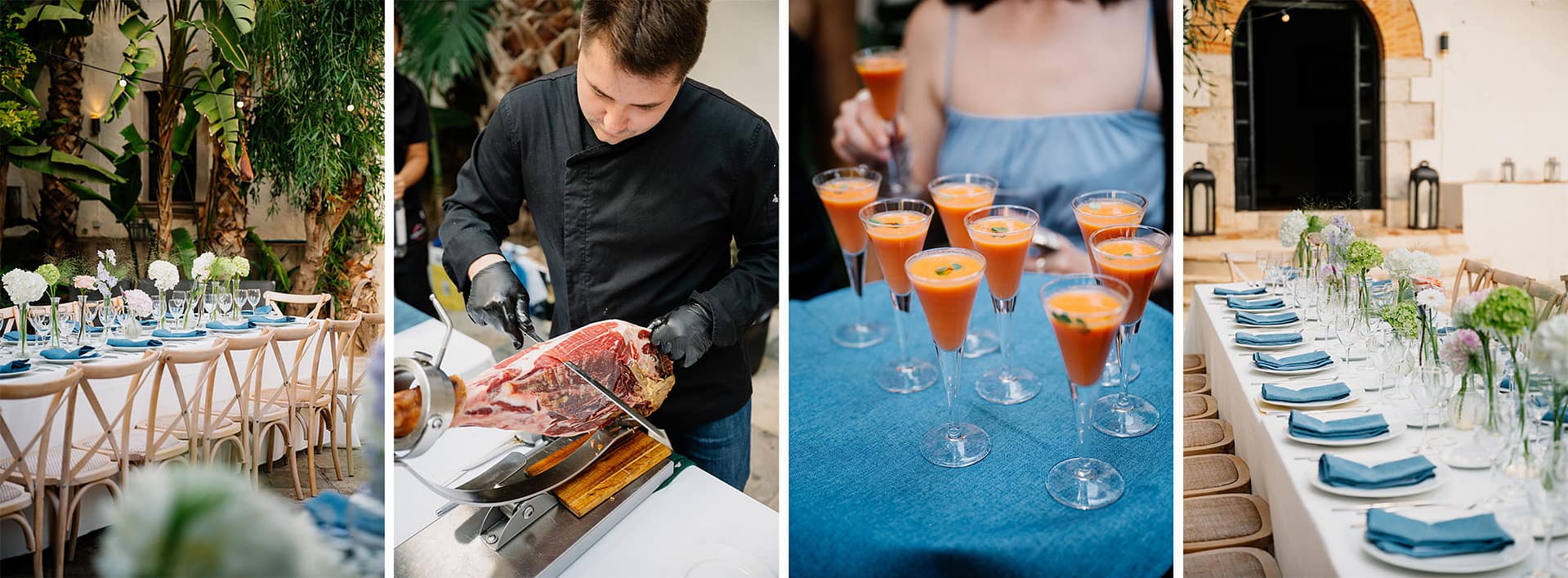 Wedding reception setup with prosciutto carving station and orange drinks - Barcelona Wedding Photographer