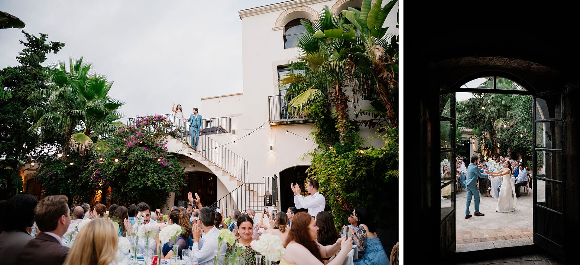 Wedding guests watch couple on balcony at outdoor reception - Intimate Wedding at Masia Victoria