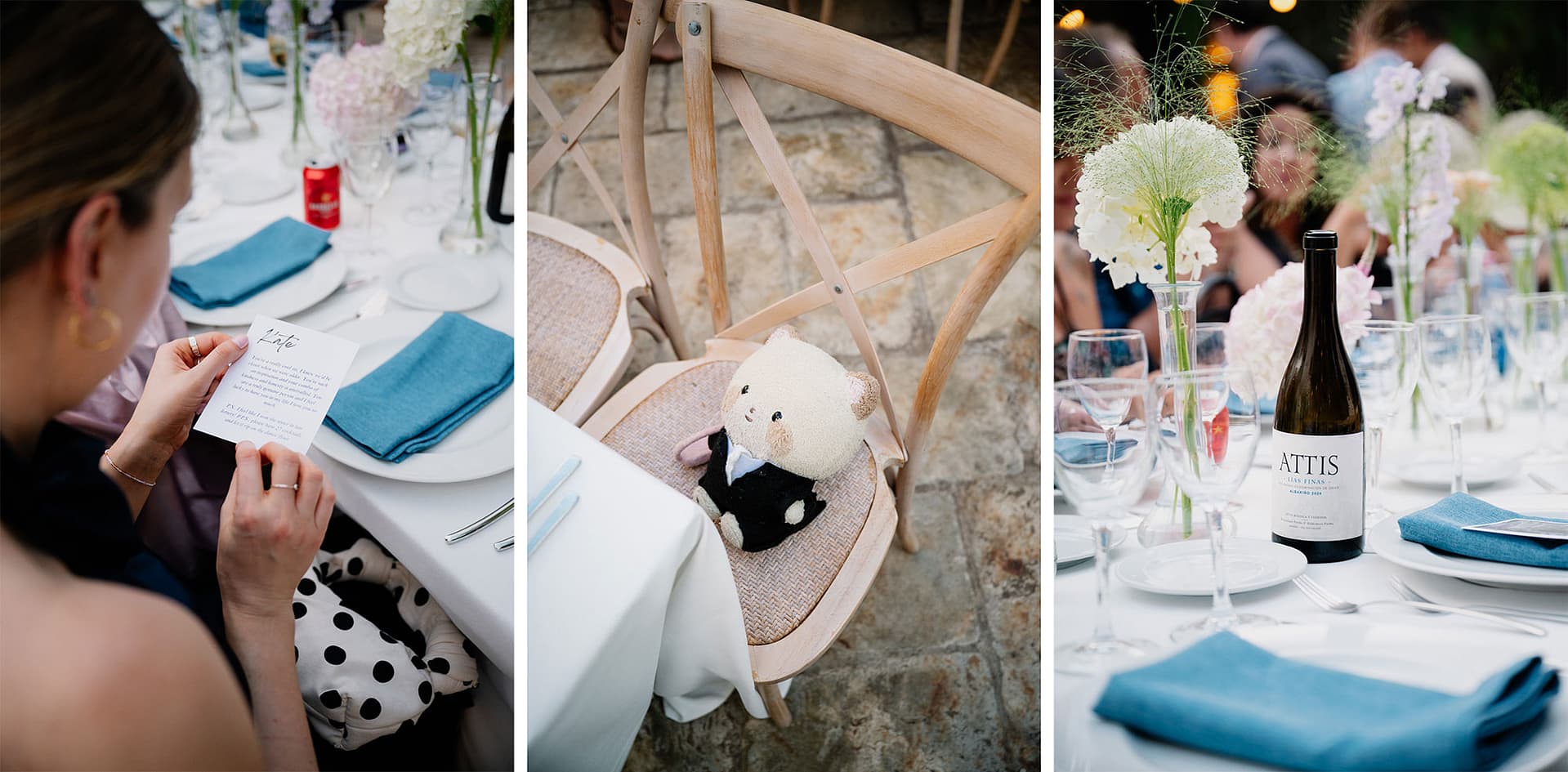 Wedding detail: a teddy bear in a suit on a chair, a menu, and a wine bottle. - Barcelona Wedding Photographer