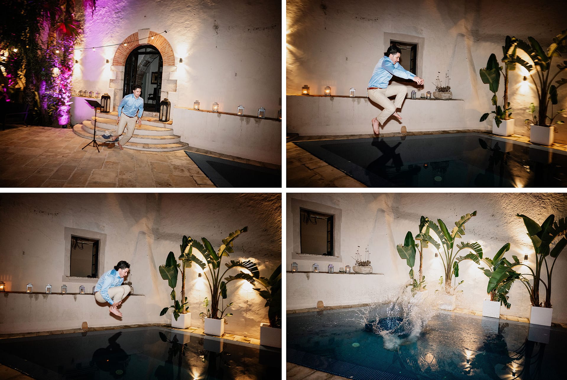 Man in blue shirt jumps into pool at night, splashing water. - Barcelona Wedding Photographer