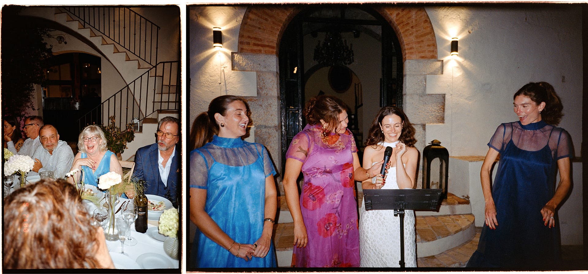 Women in colorful dresses speaking at a reception with guests dining. - Barcelona Film Wedding Photographer