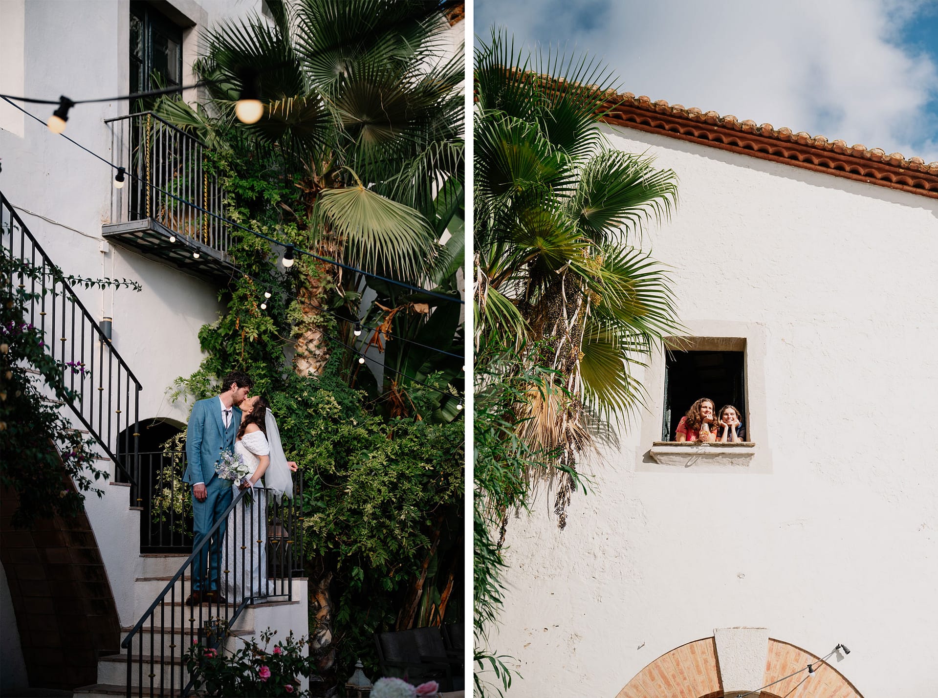 Bride and groom on stairs, women in window of white building with palm trees - Barcelona Wedding Photographer