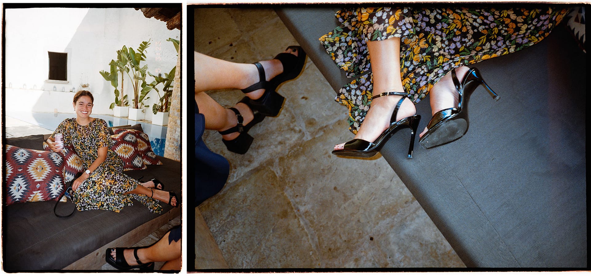Women in floral dresses and heels relax on an outdoor couch. - Analog Wedding Photographer