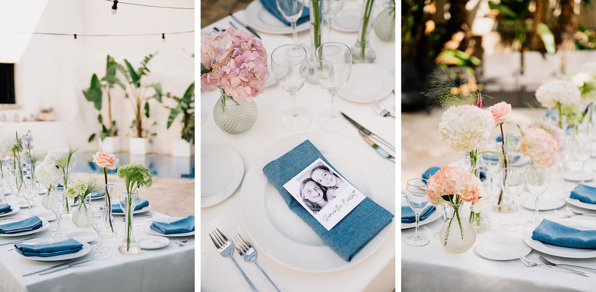 Wedding reception table settings with floral arrangements and a framed photo of a couple. - Barcelona Wedding Photographer