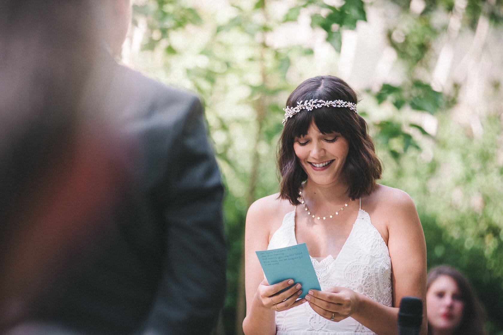 Bride reading vows at Villa Almanita, Sitges destination wedding - Barcelona Wedding Photographer