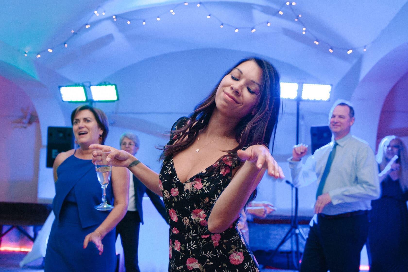 Clara dancing at a destination wedding villa in Sitges - Barcelona Wedding Photographer
