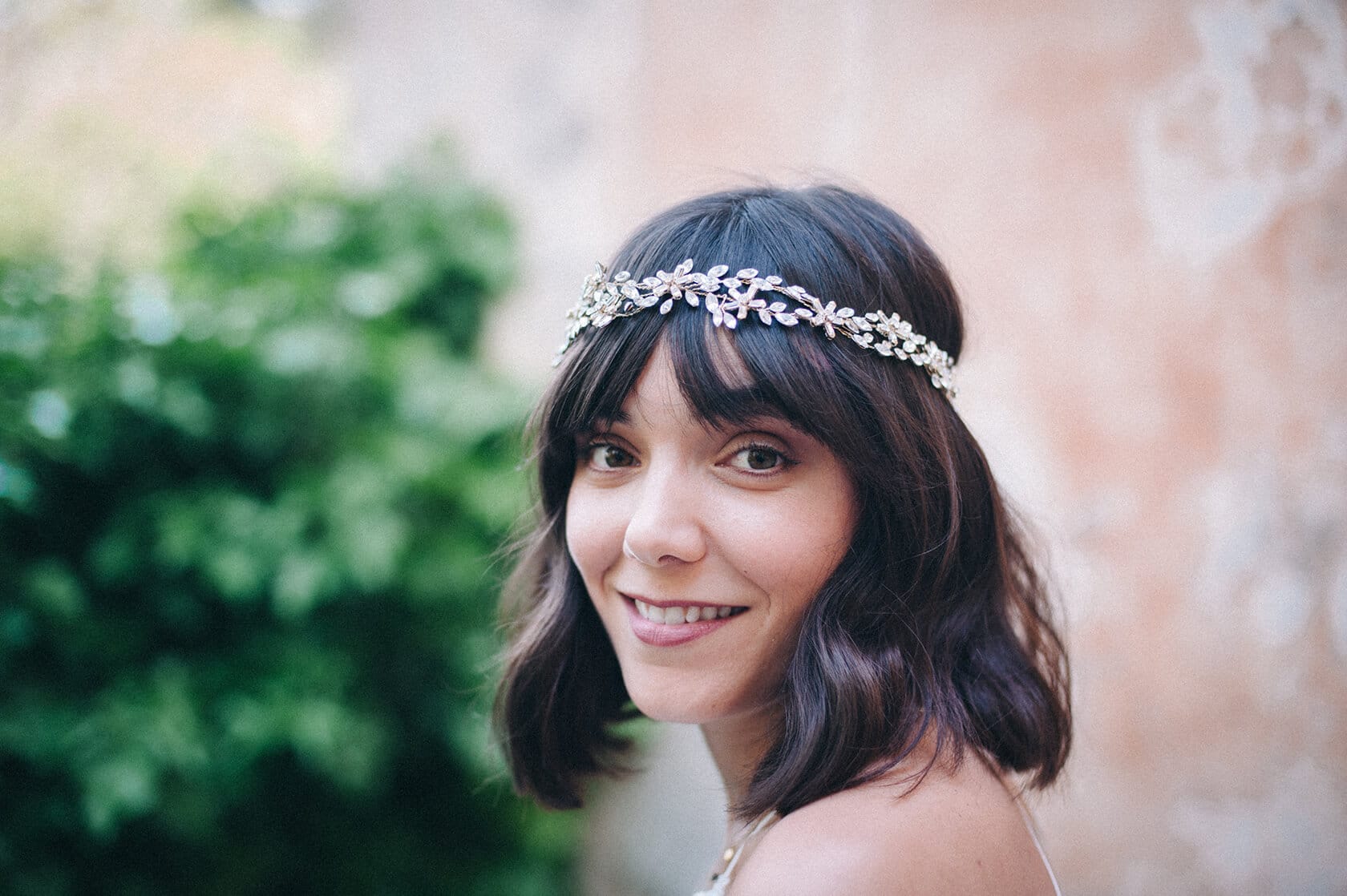 Bride with floral headband at Villa Almanita, Sitges destination wedding - Barcelona Wedding Photographer