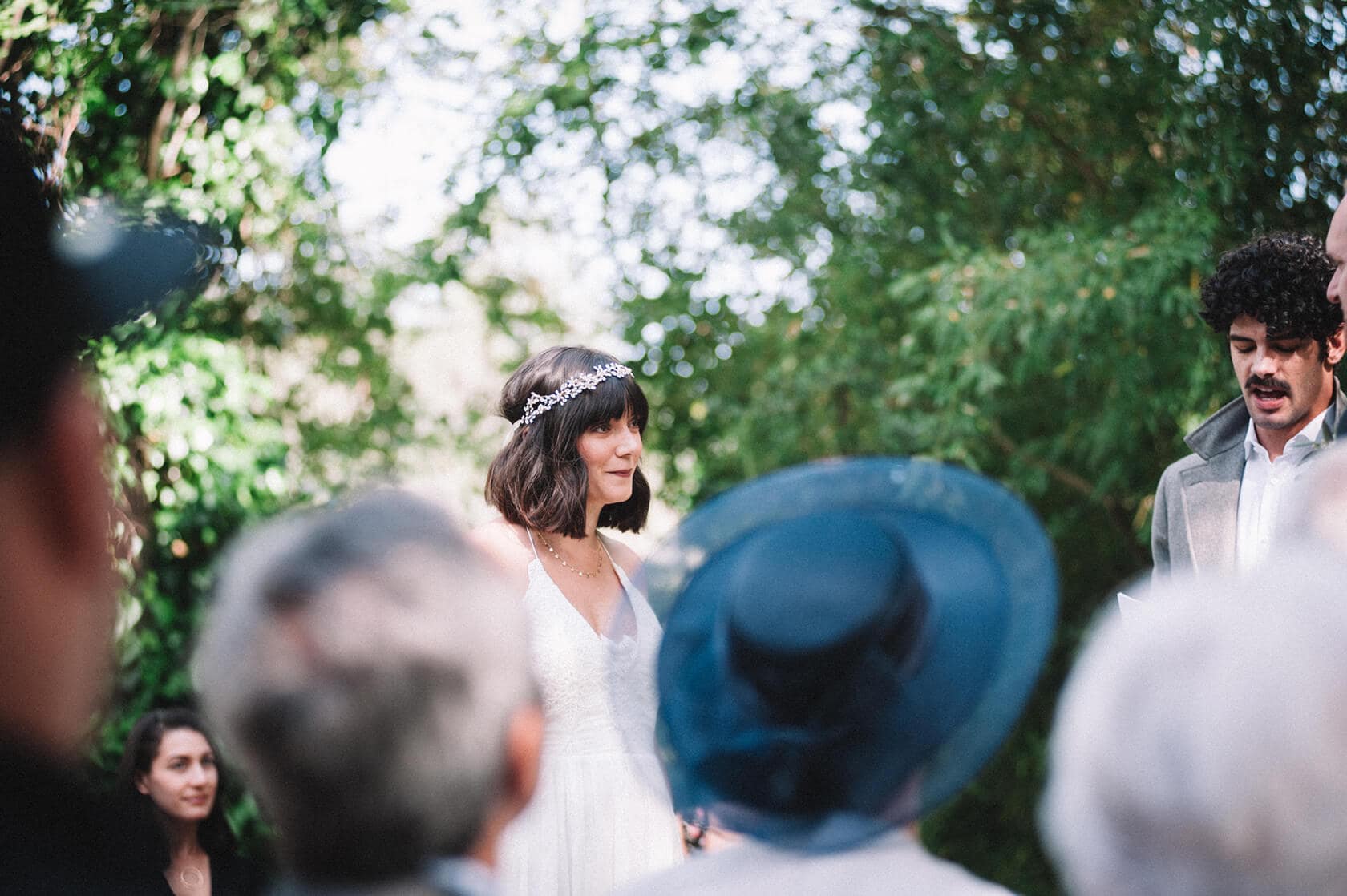 Bride with floral headband at Villa Almanita wedding in Sitges - Barcelona Wedding Photographer