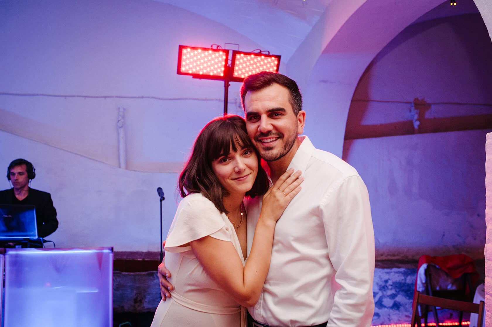 Clara and Toph embrace at their Villa Almanita destination wedding in Sitges. - Barcelona Wedding Photographer