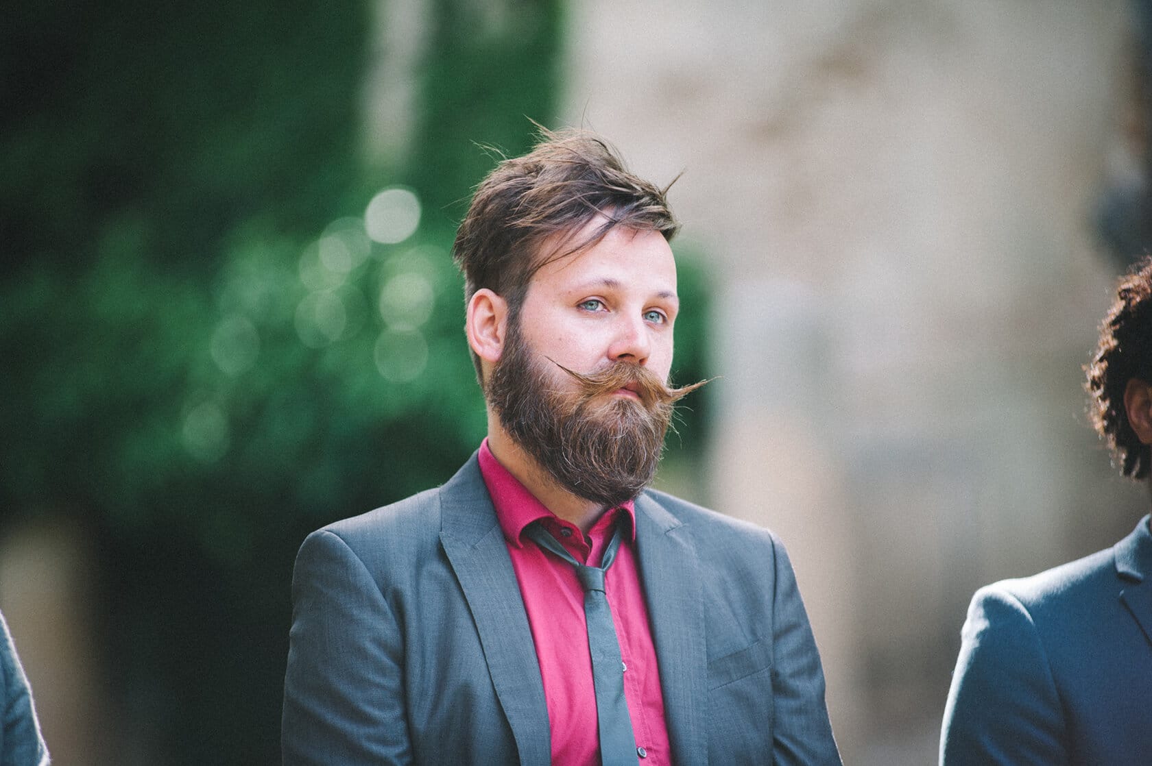 Groom with beard and mustache at Villa Almanita wedding, Sitges - Barcelona Wedding Photographer