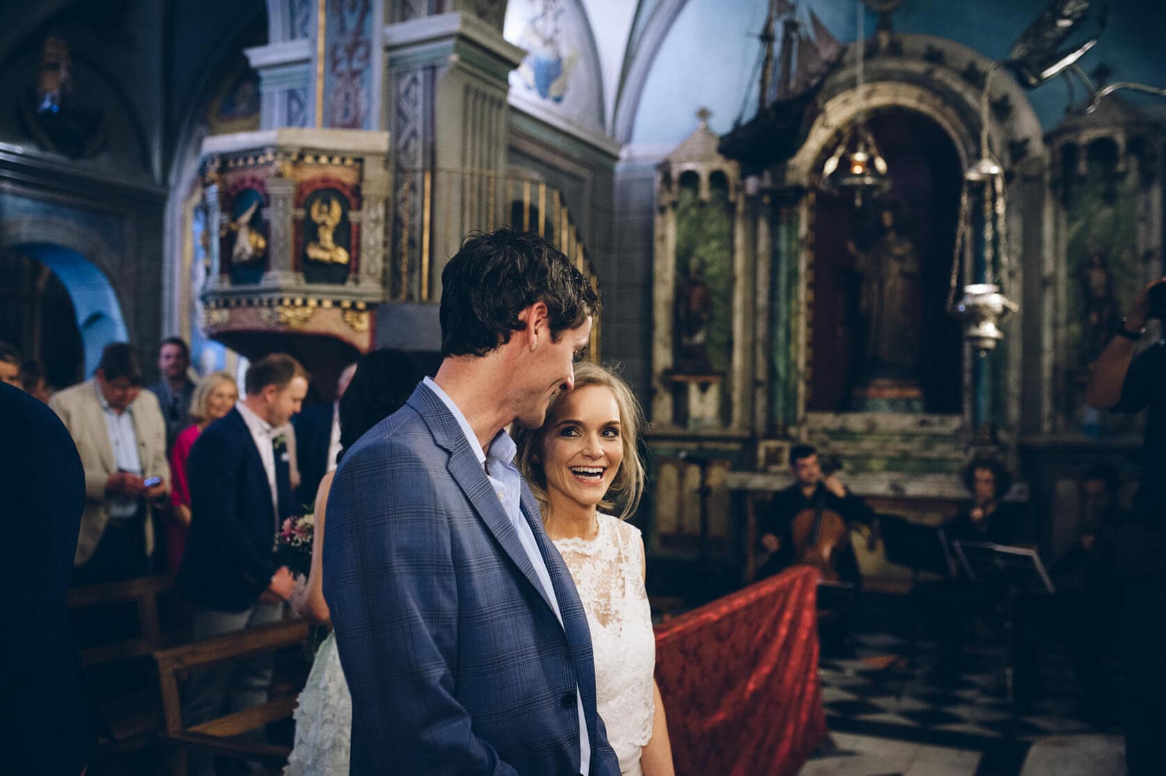 Bride and groom smiling at Casanova Estate wedding venue - Barcelona Wedding Photographer