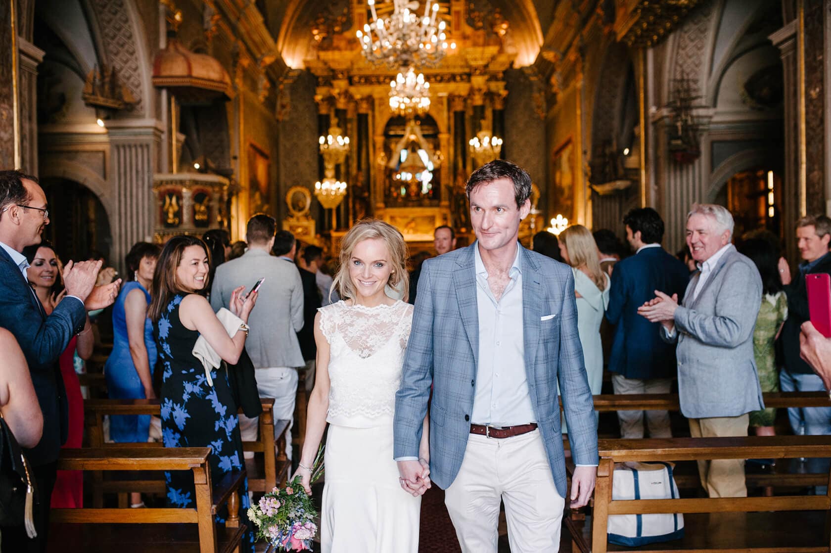 Bride and groom exit church at Casanova Estate wedding venue - Barcelona Wedding Photographer