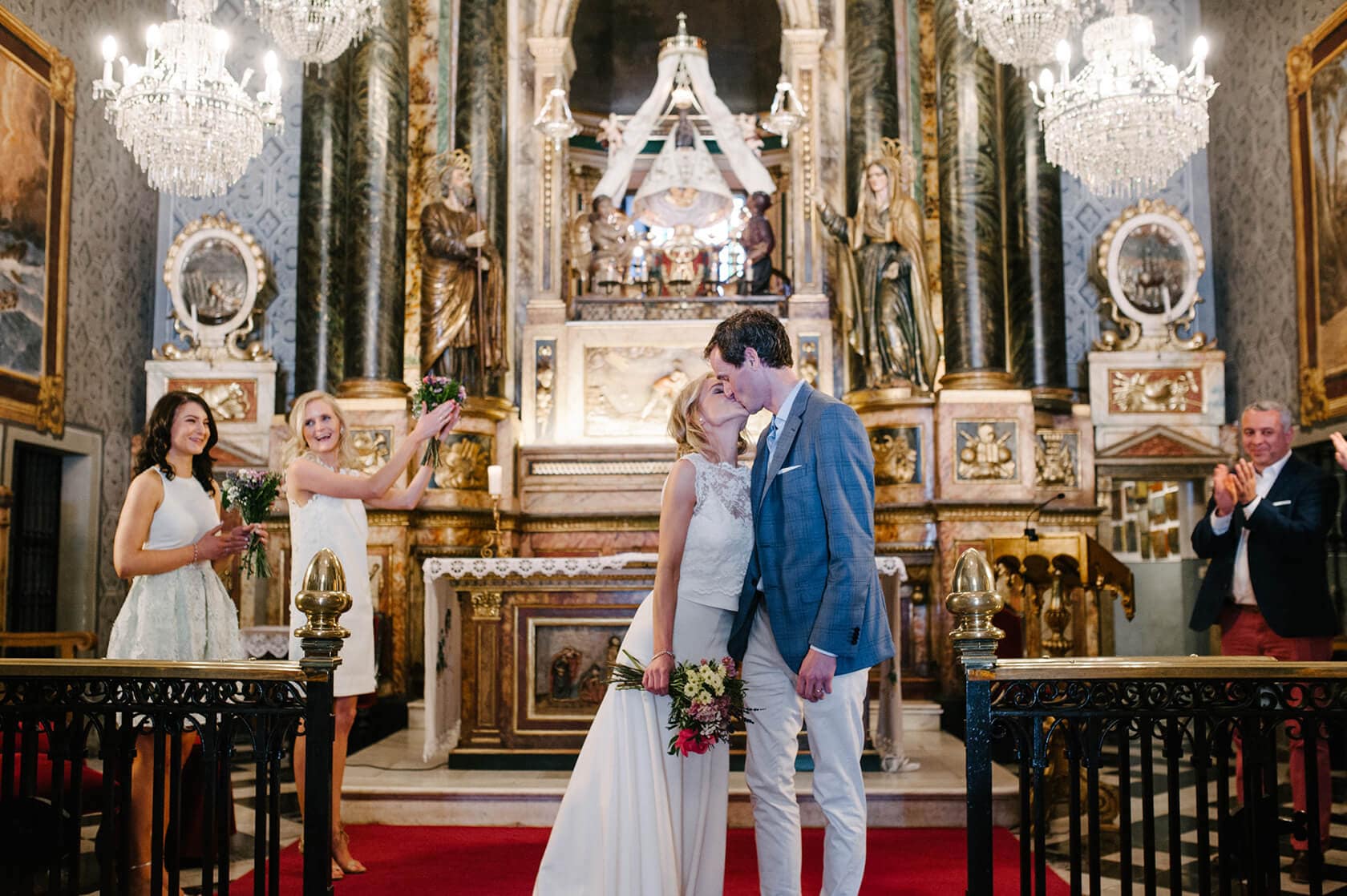 Bride and groom kiss at Casanova Estate wedding venue, guests watch - Barcelona Wedding Photographer