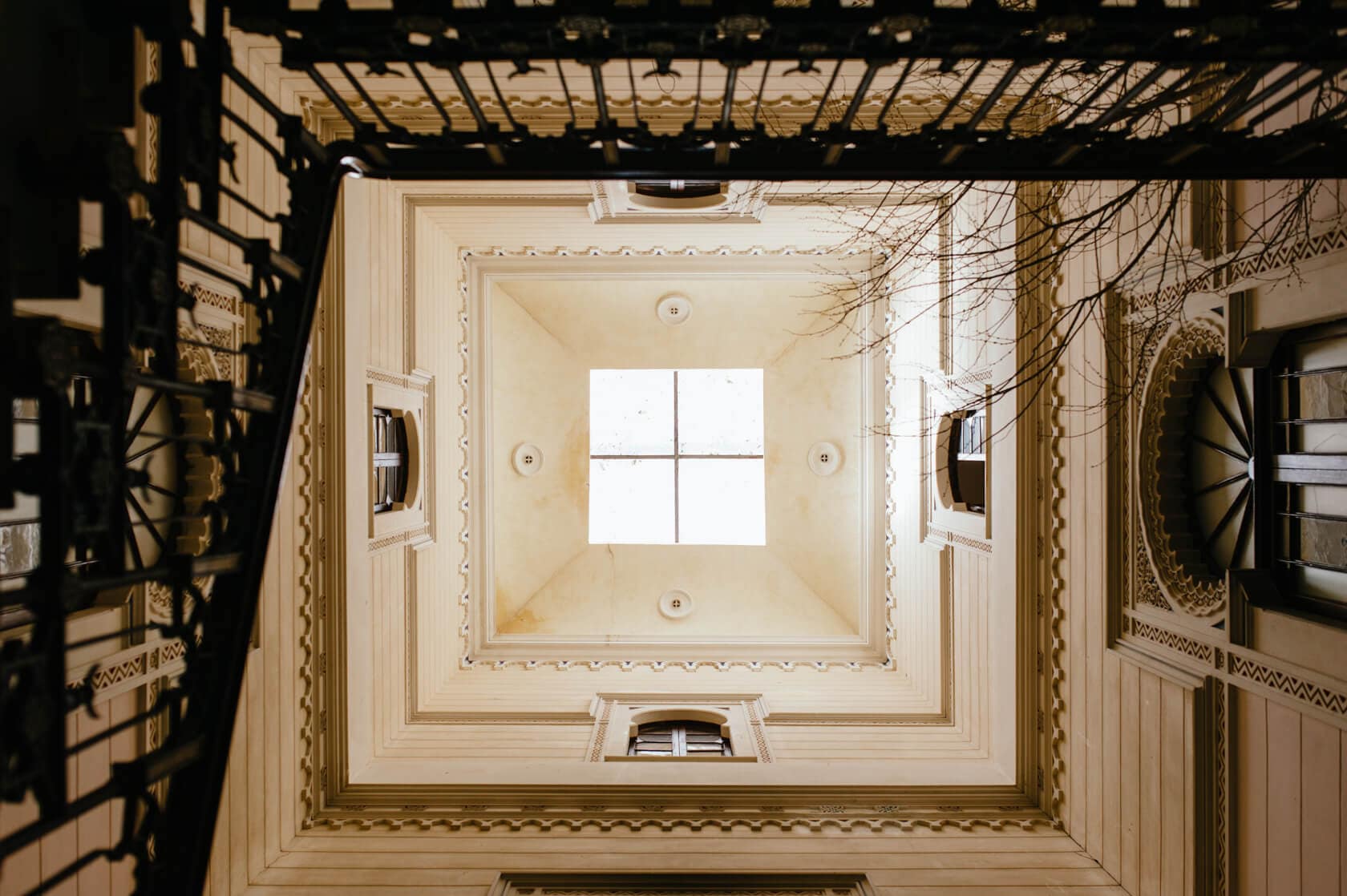 Interior courtyard of a Spanish villa with a skylight, ideal for Sitges wedding venues. - Barcelona Wedding Photographer