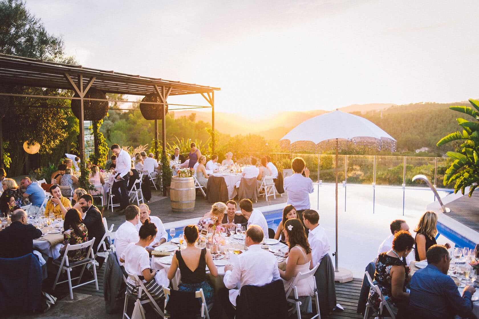 Villas in Sitges Outdoor wedding reception at a villa in Sitges during sunset - Barcelona Wedding Photographer