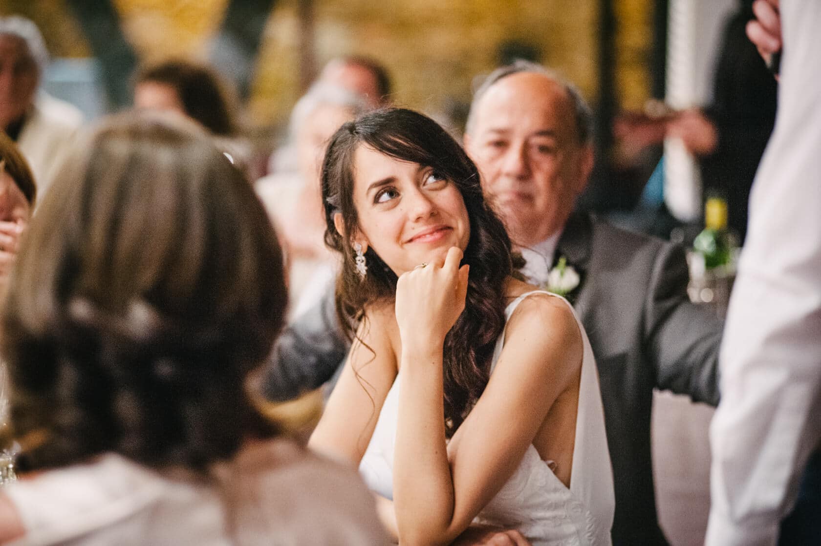 Bride smiling at wedding reception, Fotografia-Sitges_Castell-de-Tamarit - Barcelona Wedding Photographer