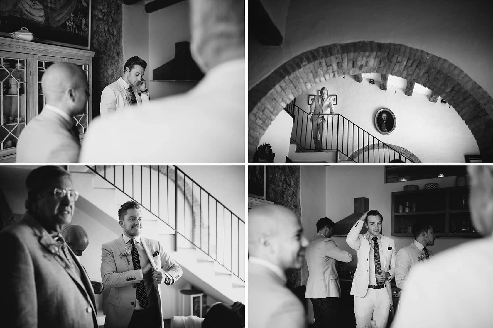 Groomsmen preparing for a Casa Felix wedding venue ceremony, black and white. - Barcelona Wedding Photographer
