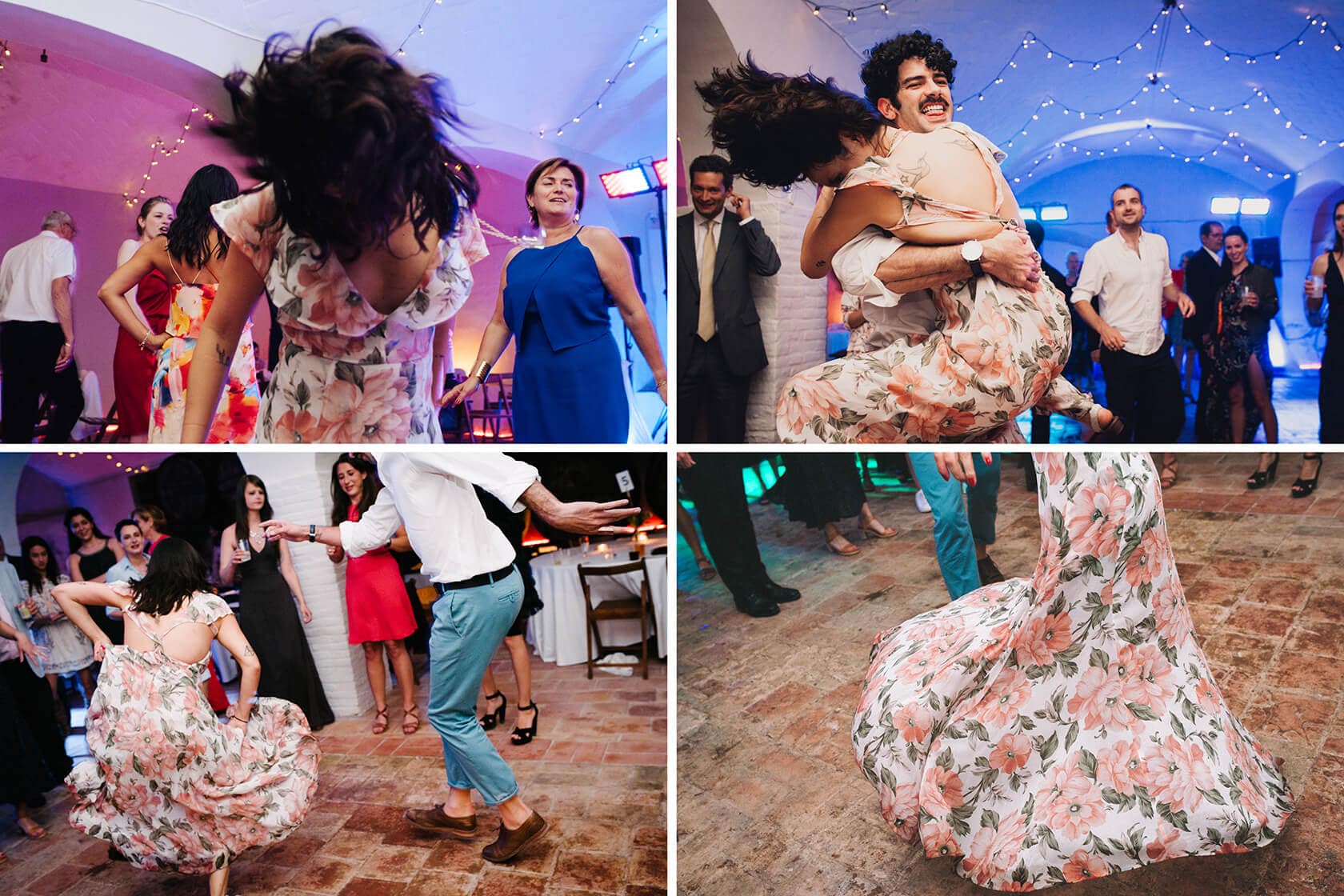 Destination wedding at Villa Almanita Sitges: guests dancing joyfully at a lively reception party. - Barcelona Wedding Photographer