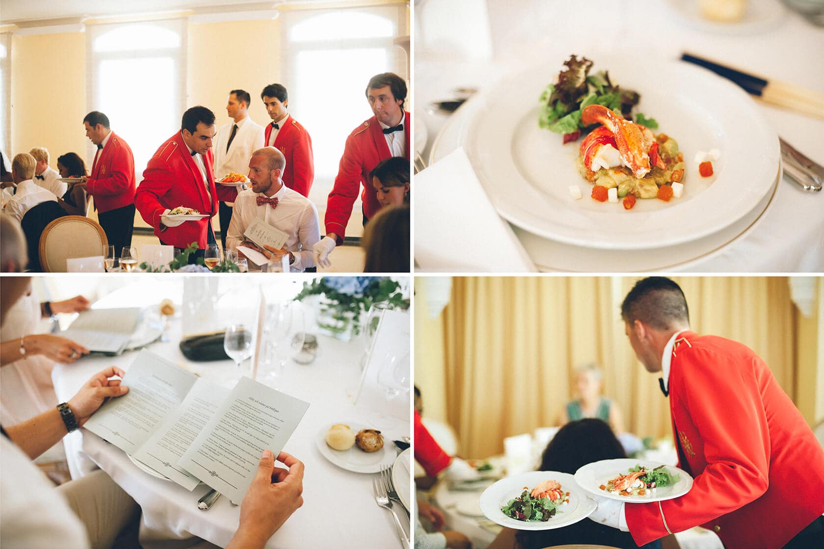 Wedding reception with guests and servers in red jackets, S'Agaro, Spain. - Barcelona Wedding Photographer