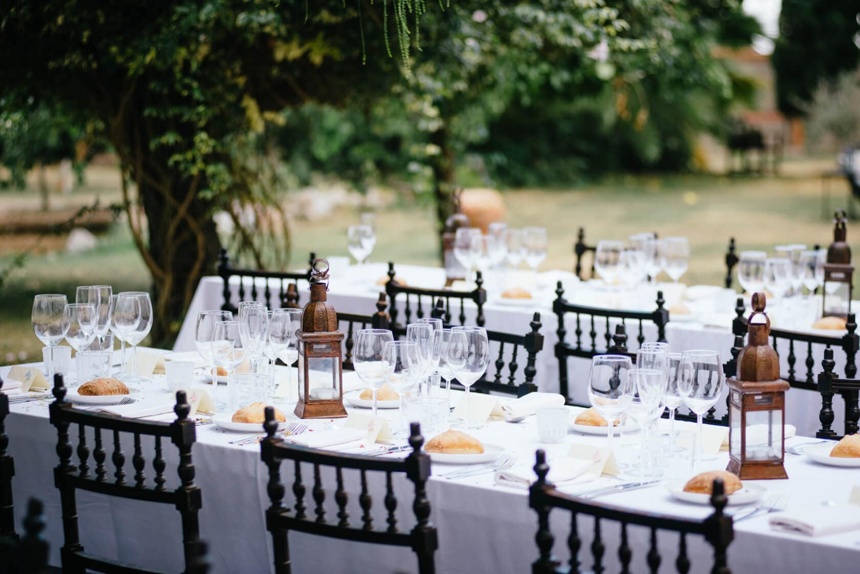 Outdoor wedding reception table setting at a villa in Sitges - Barcelona Wedding Photographer