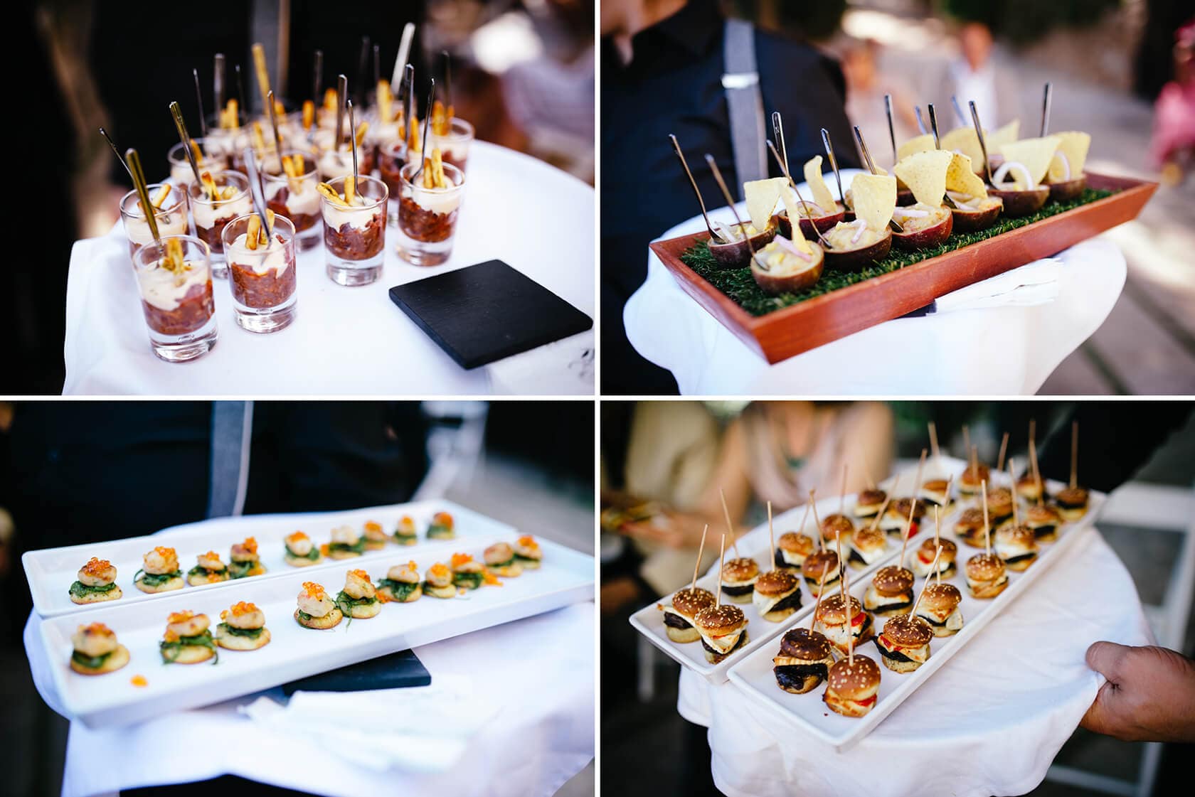 Wedding catering at Castell de Tamarit, Sitges: mini burgers and appetizers - Barcelona Wedding Photographer