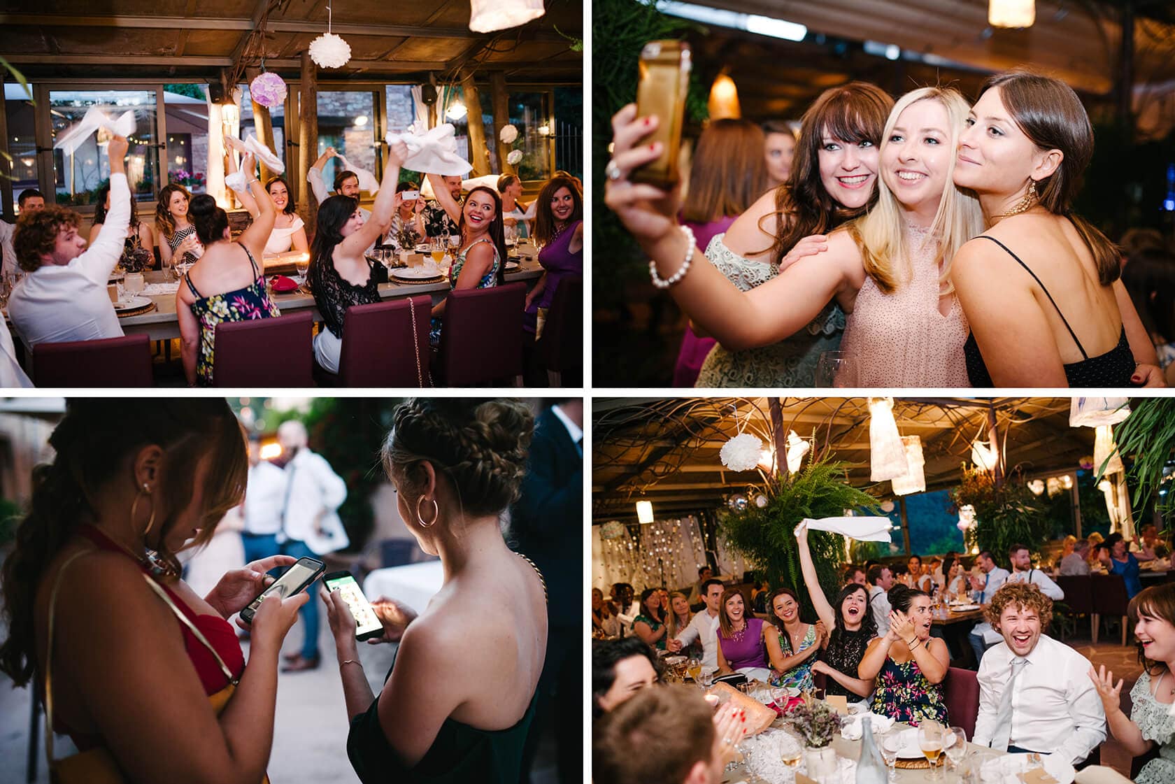 Guests enjoy a vintage style wedding reception, toasting and taking photos. - Barcelona Wedding Photographer
