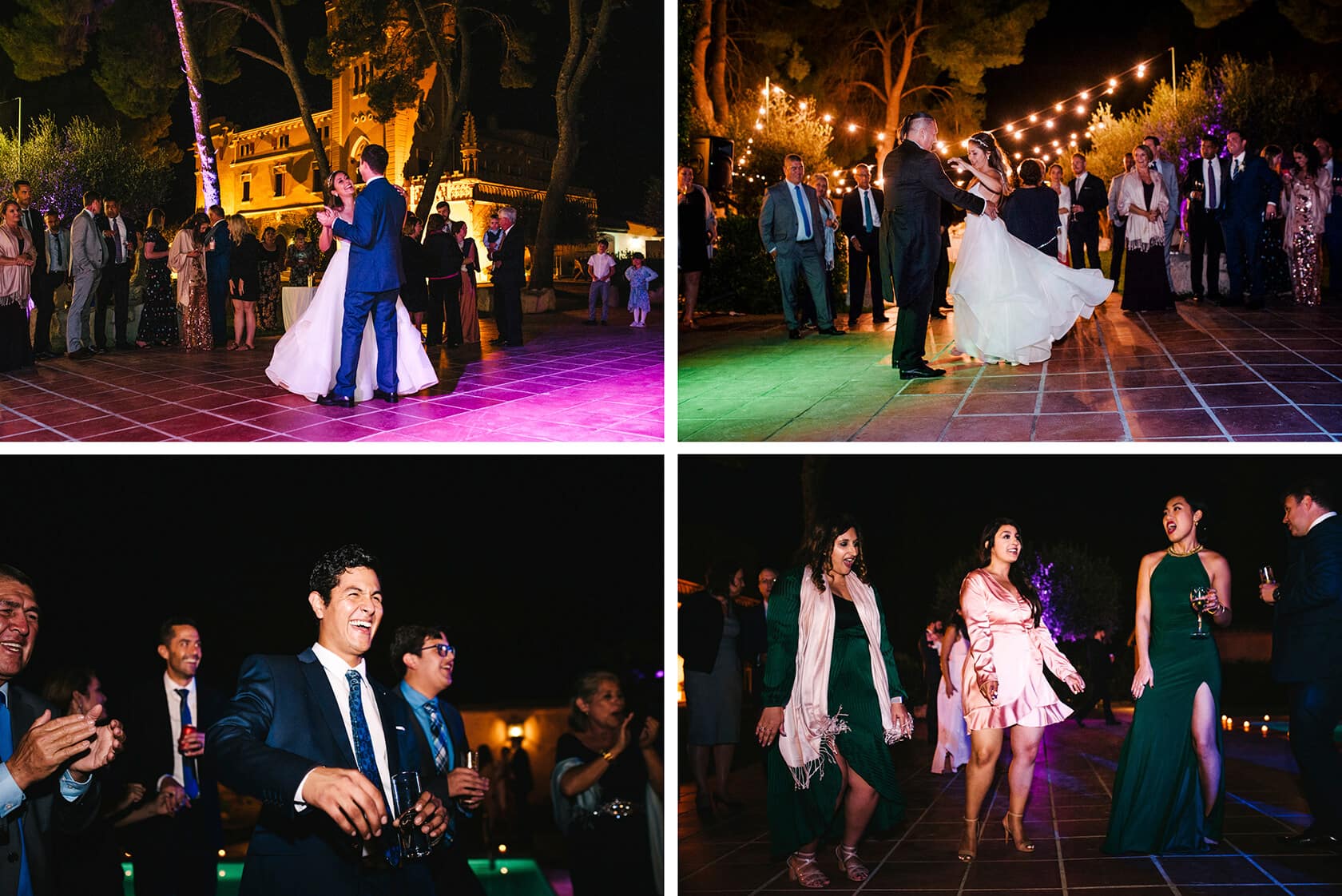 Wedding reception at Torre del Veguer: couple dances, guests celebrate. - Barcelona Wedding Photographer
