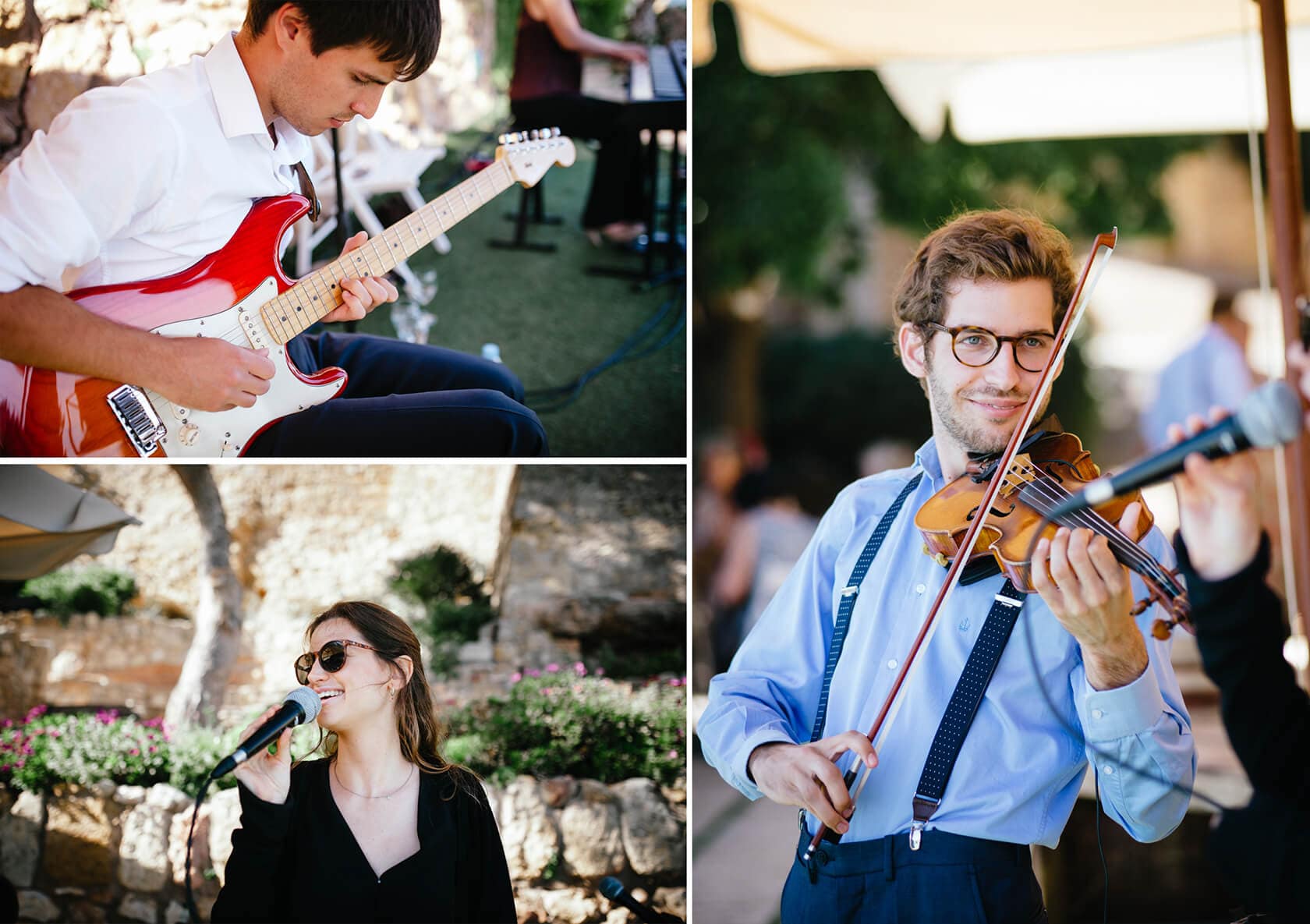 Wedding musicians at Castell de Tamarit: guitarist, violinist, singer. - Barcelona Wedding Photographer