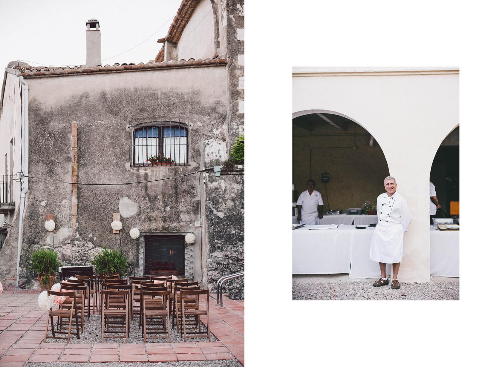 Wedding ceremony setup in a rustic courtyard with chefs in the background. - Barcelona Wedding Photographer