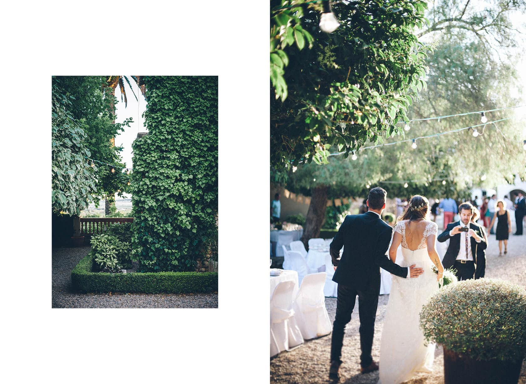 Wedding photographer Barcelona captures couple walking through lush garden venue. - Barcelona Wedding Photographer