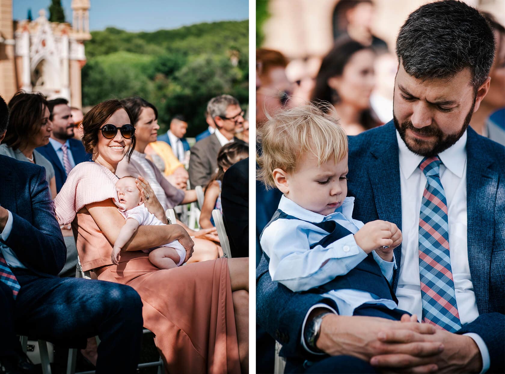 Hayley and Mark, a bride and groom, walk hand-in-hand at their wedding. - Barcelona Wedding Photographer