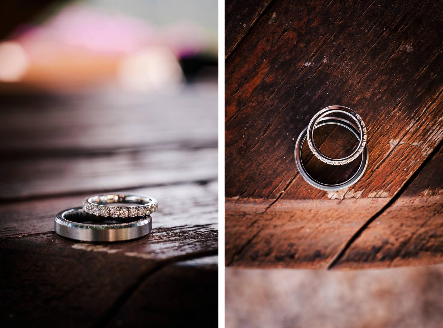 Wedding rings on a wooden table at a Torre del Veguer wedding. - Barcelona Wedding Photographer
