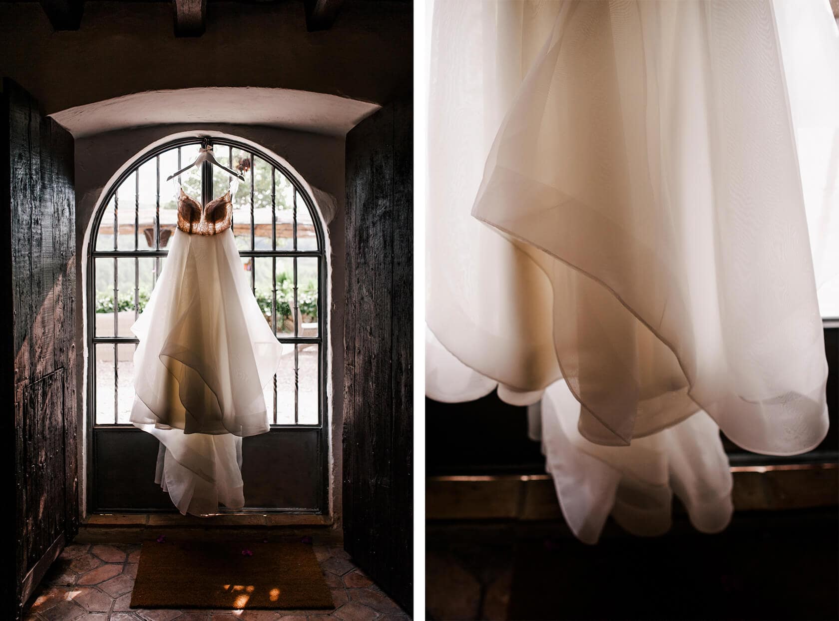 Juliette & Chris's wedding dress hangs at Torre del Veguer, Spain. - Barcelona Wedding Photographer