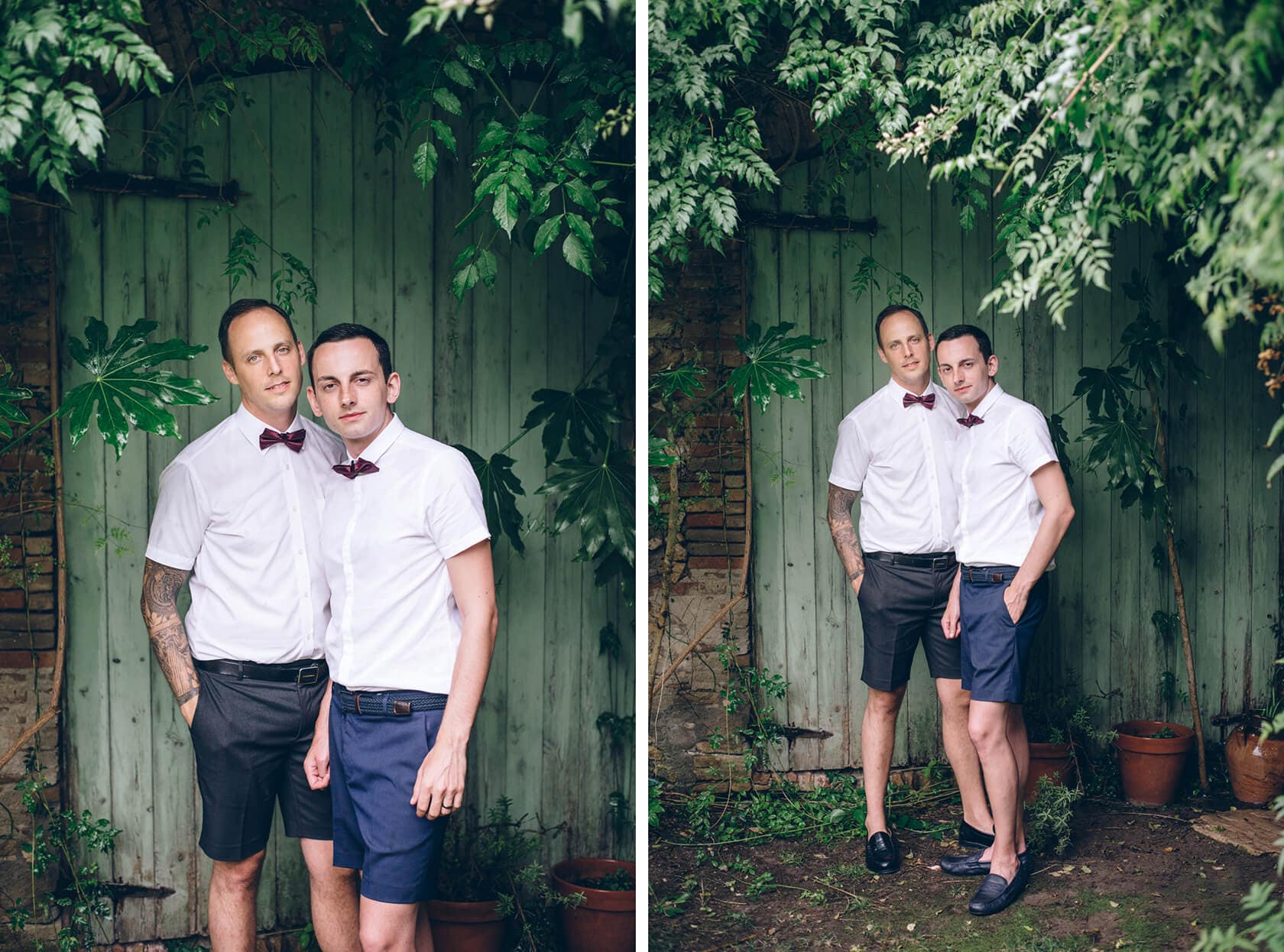 Gay wedding in Sitges: Gary and Adam pose in a lush garden. - Barcelona Wedding Photographer