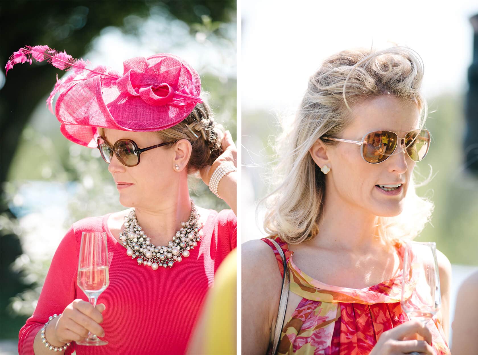 Woman in pink hat and dress with champagne at Casanova Estate wedding. - Barcelona Wedding Photographer