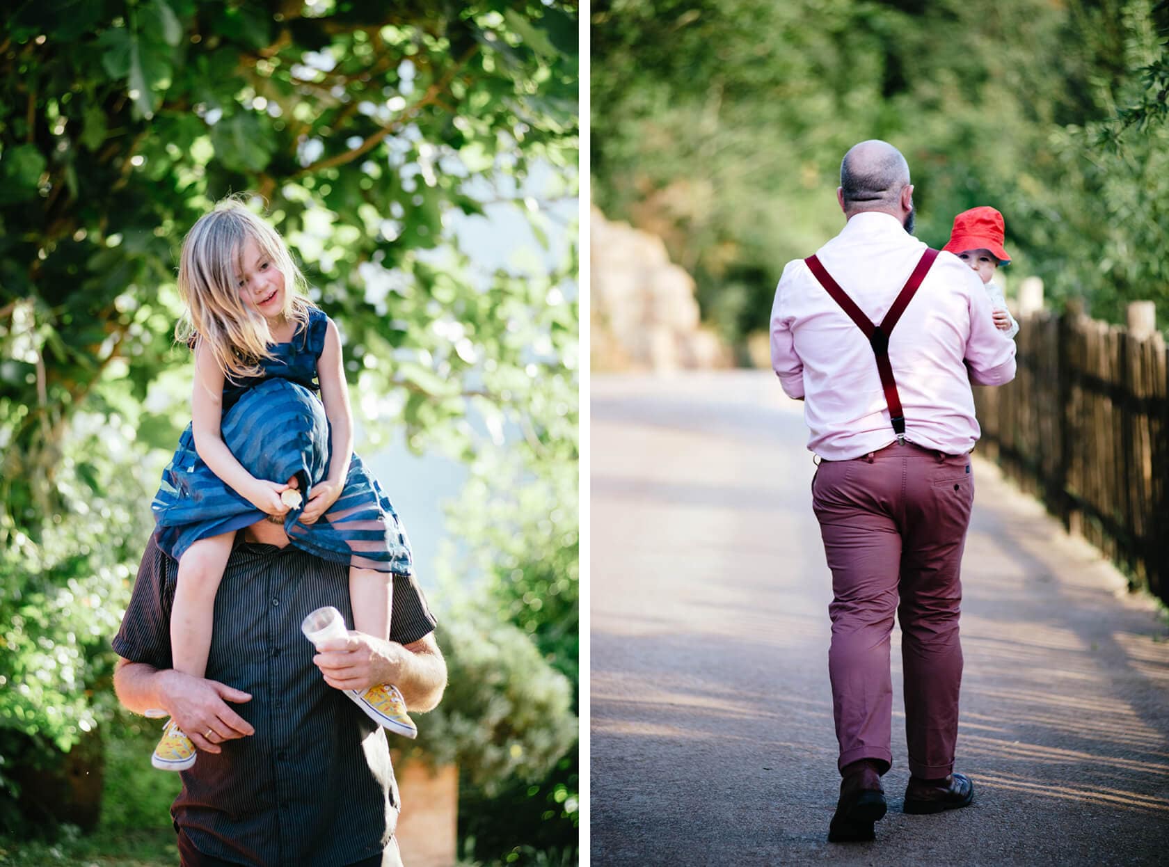 Father carrying daughter on shoulders at a vintage style wedding. - Barcelona Wedding Photographer