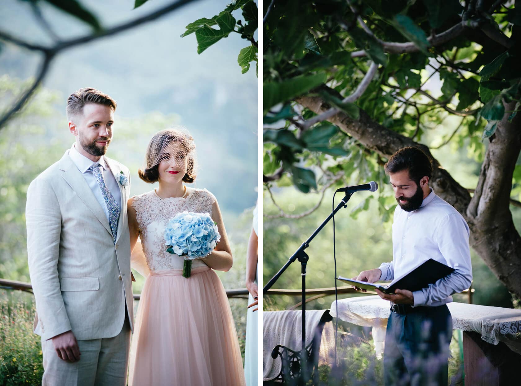 Bride and groom at a vintage style wedding ceremony outdoors. - Barcelona Wedding Photographer