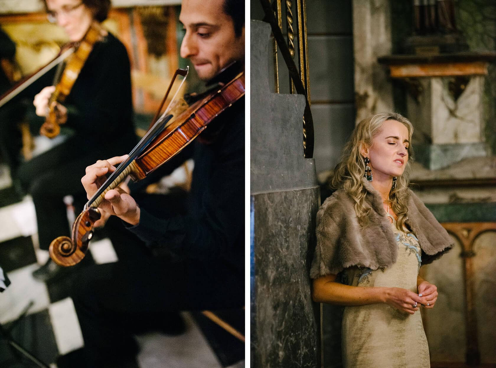 Musicians perform at a Casanova Estate wedding venue, with a violinist and singer. - Barcelona Wedding Photographer