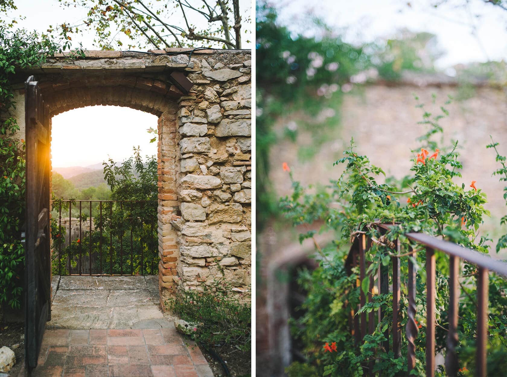 Stone archway with sunset view at a wedding villa in Sitges - Barcelona Wedding Photographer