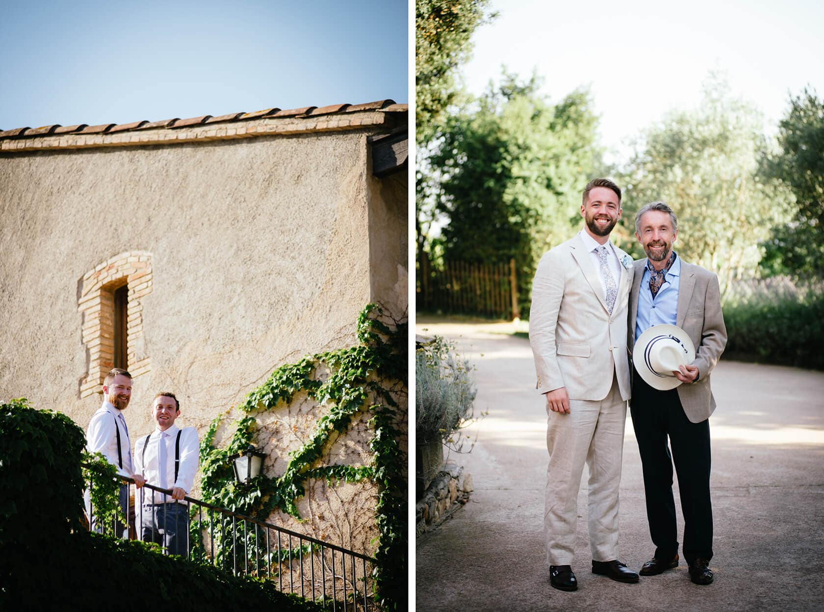 Groomsmen in vintage style wedding attire on stairs and two groomsmen posing outdoors. - Barcelona Wedding Photographer