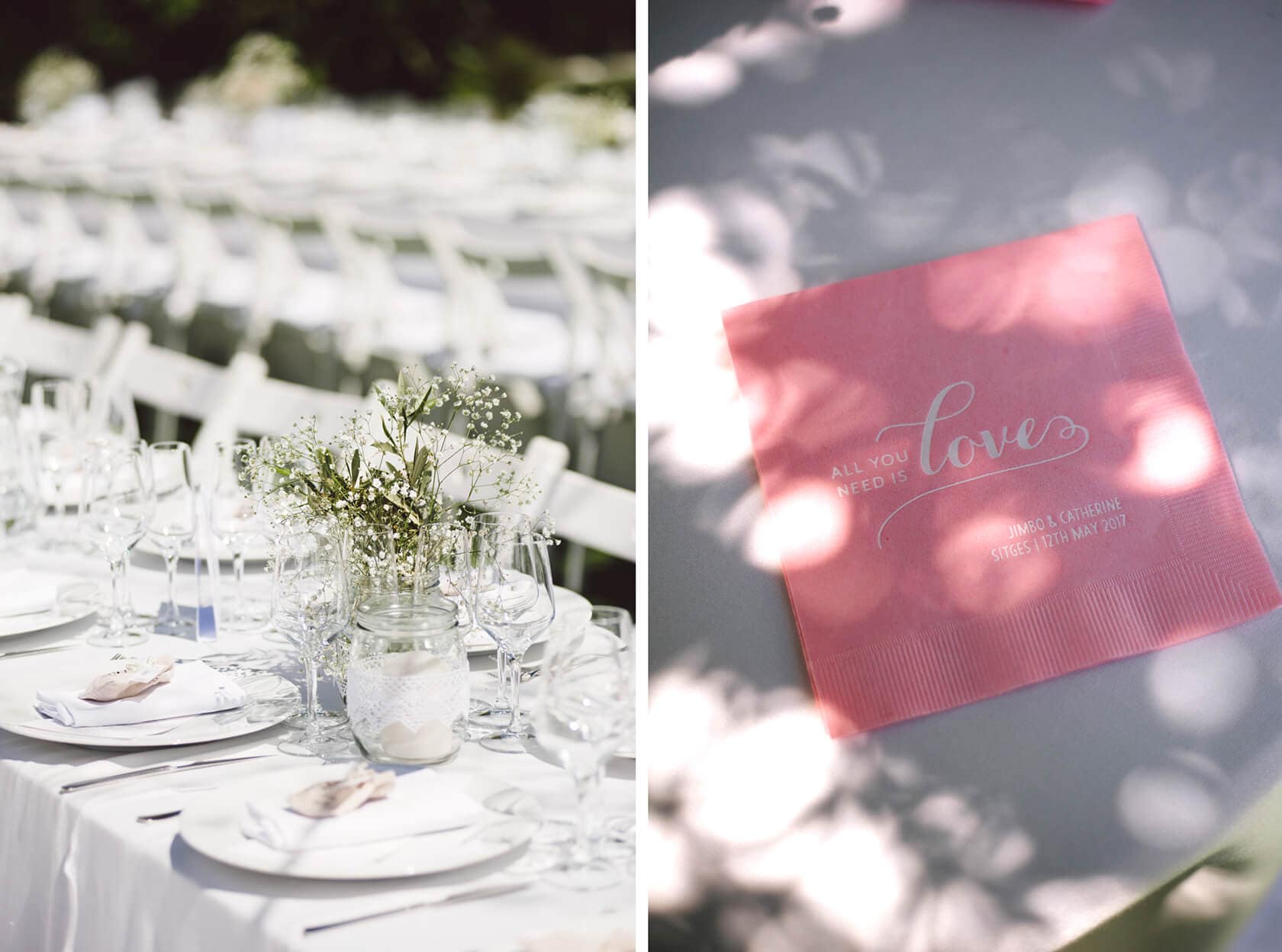 Wedding reception tables at Casanova Estate, with pink napkin saying "All you need is love - Barcelona Wedding Photographer