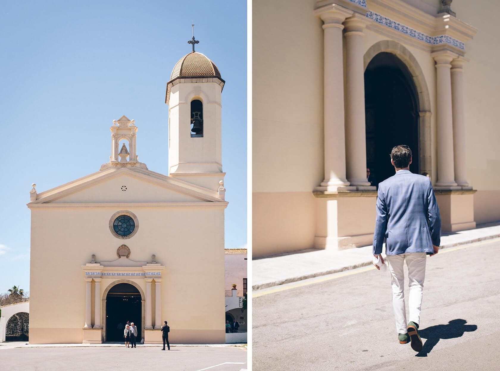 Church facade and man in suit walking towards Casanova Estate wedding venue. - Barcelona Wedding Photographer