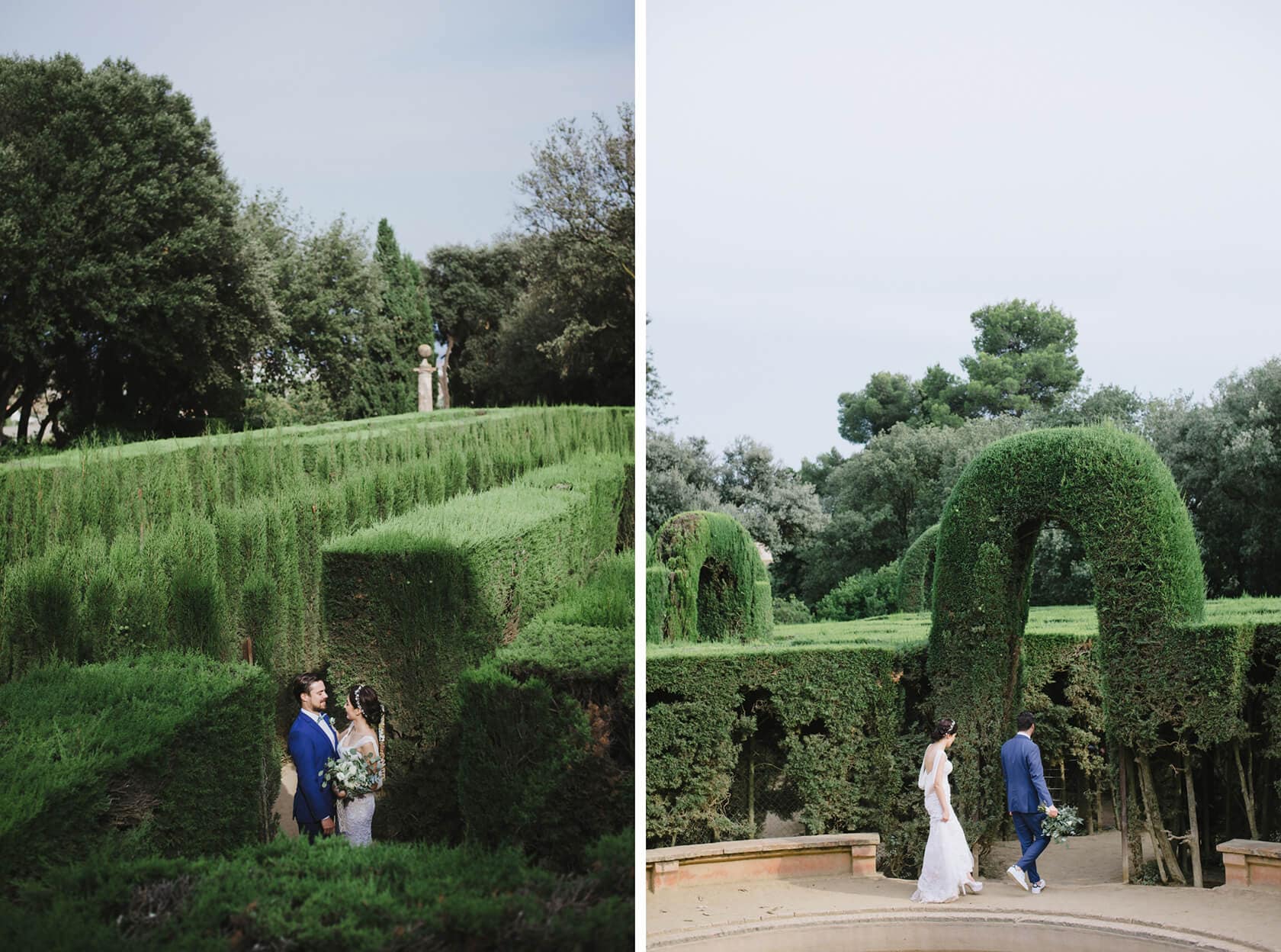 Wedding at Parc del Laberint d'Horta: Bride and groom in a hedge maze. - Barcelona Wedding Photographer